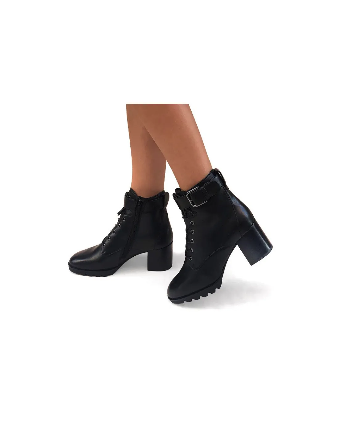 Damskie HOGL botki, trzewiki skorzane, czarne, sznurowane z zamkiem klamerka i na stabilnych obcasach