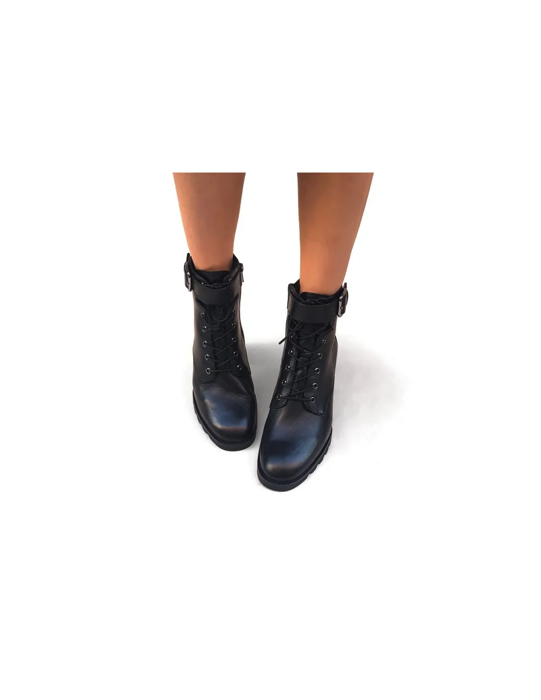 Damskie HOGL botki, trzewiki skorzane, czarne, sznurowane z zamkiem klamerka i na stabilnych obcasach