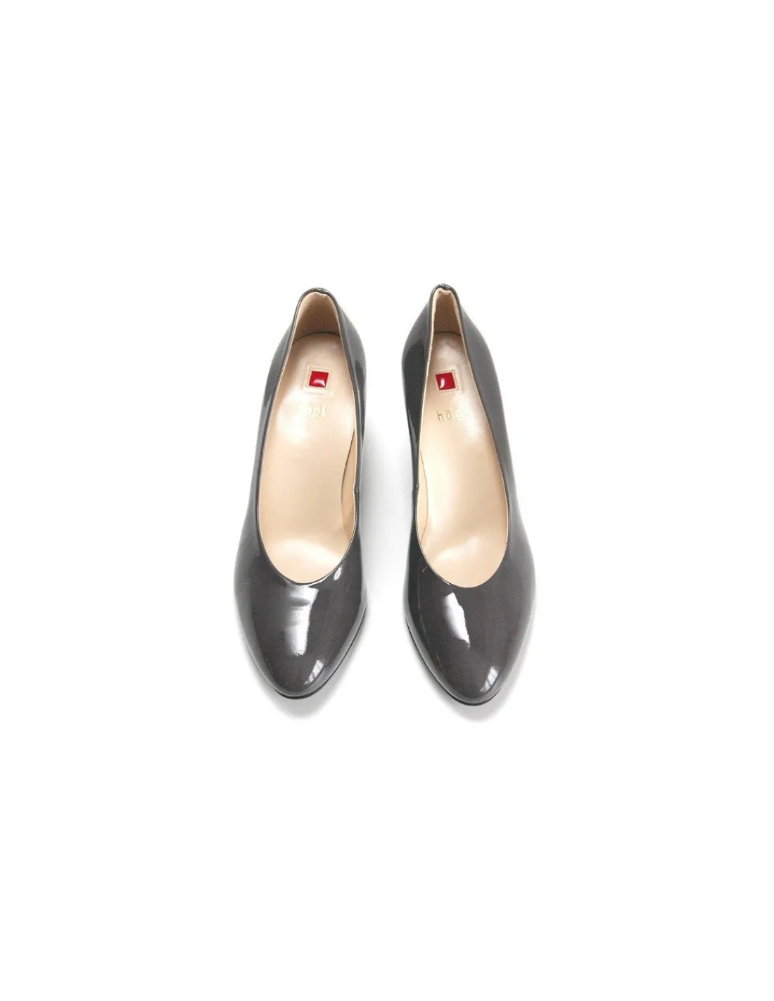 Damskie HOGL czolenka okragle noski, niskie szpilki, grafitowa lakierowana skora