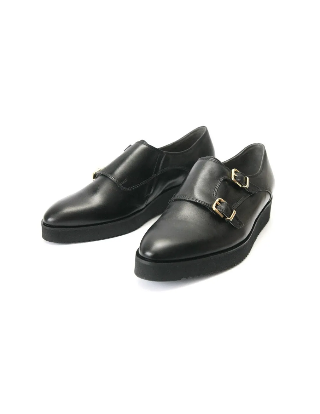 Damskie HOGL polbuty monk ze zlotymi klamerkami, czarna skora, lekkie gumowe platformy
