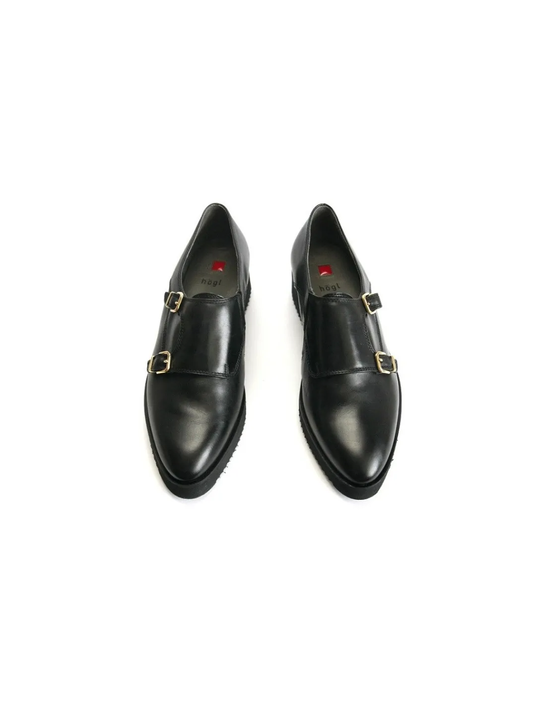 Damskie HOGL polbuty monk ze zlotymi klamerkami, czarna skora, lekkie gumowe platformy