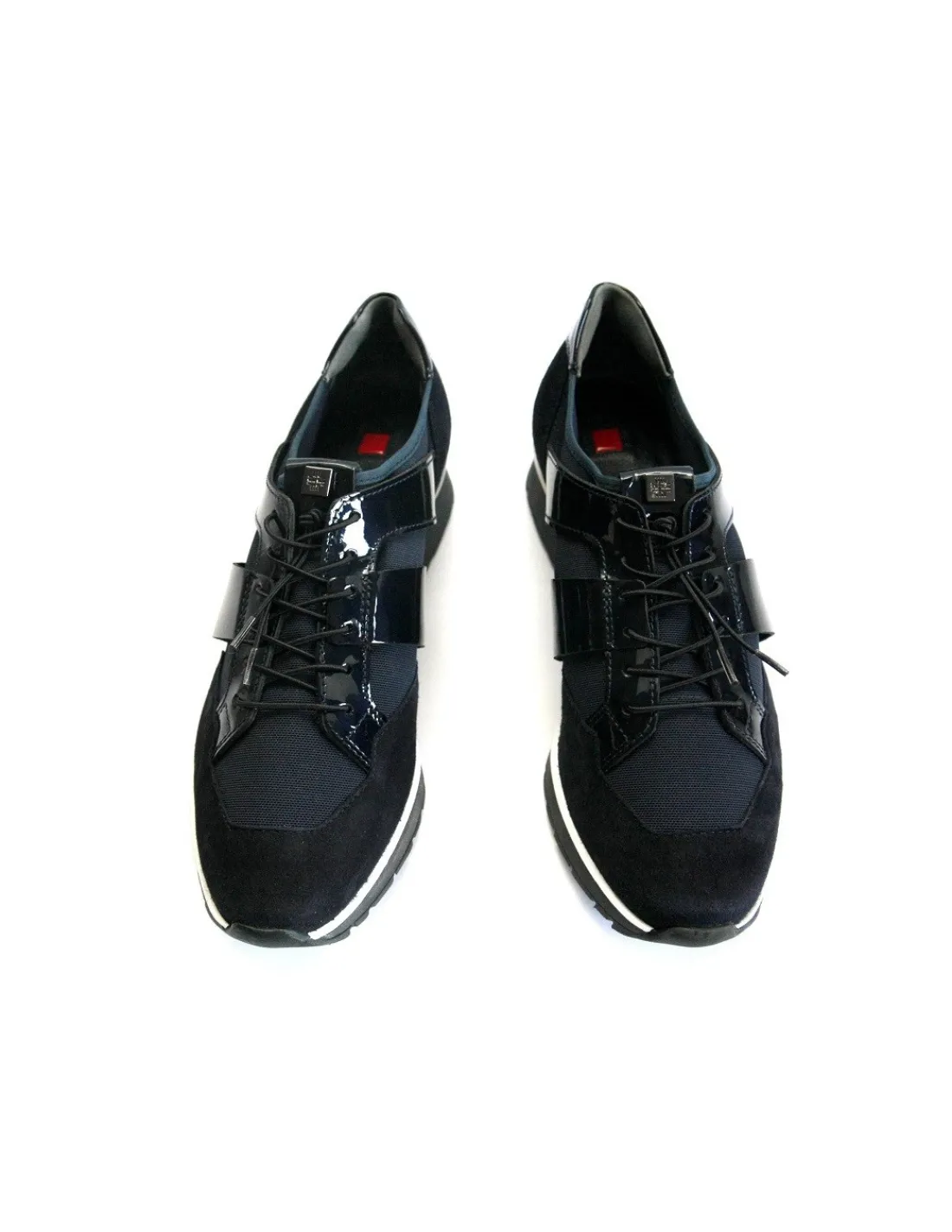 Damskie HOGL sneakers granatowe sznurowane, polaczenie zamszu, skory lakierowanej i stretch