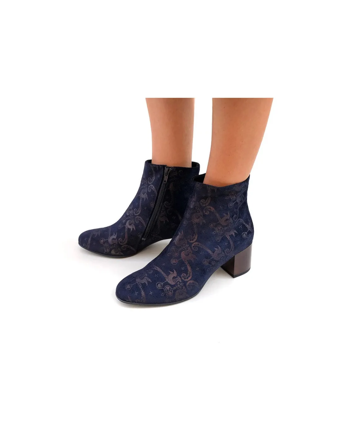 Damskie HOGL botki, granatowy welur z metalicznym mosieznym ornamentem i metaliczne kwadratowe obcasy