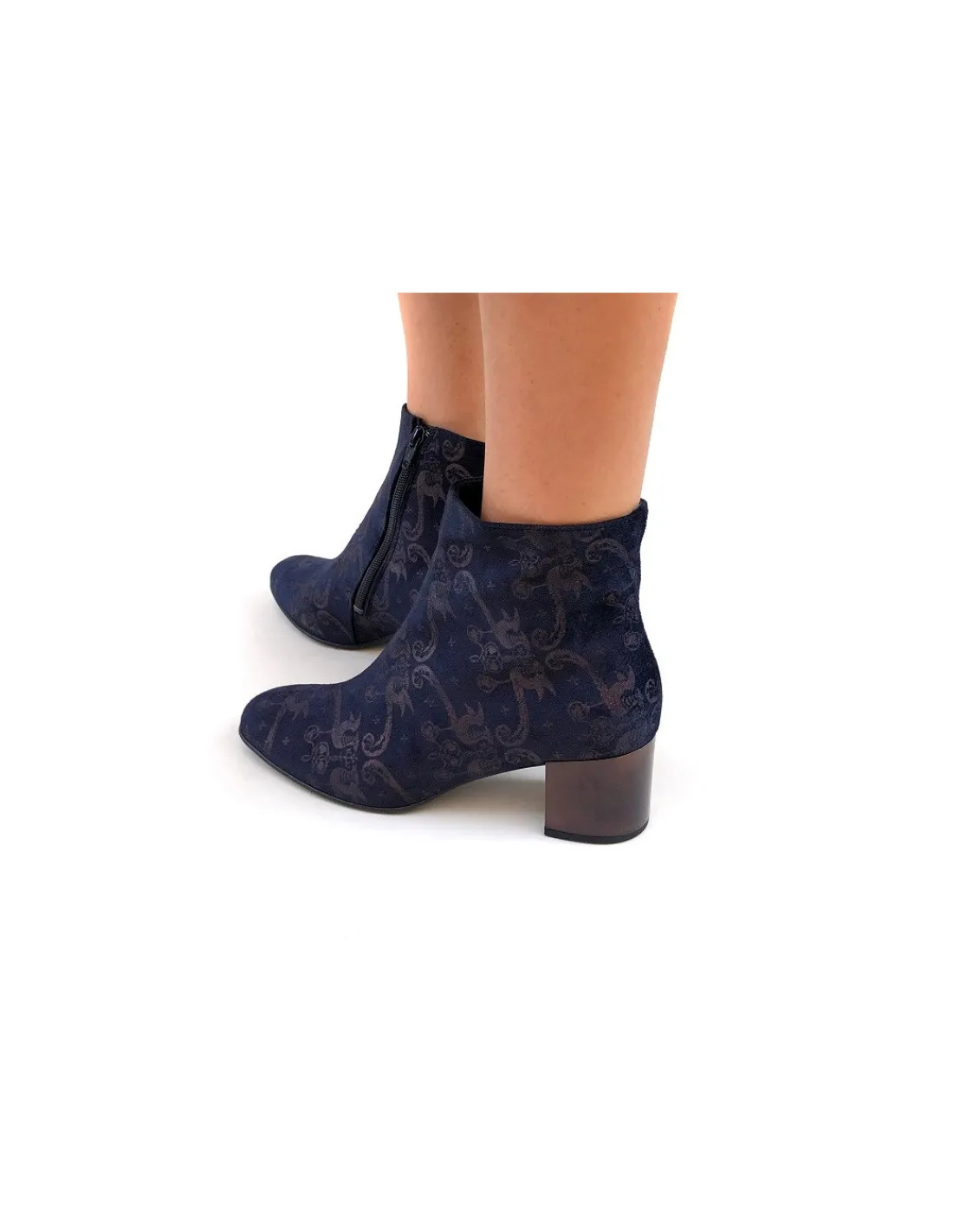 Damskie HOGL botki, granatowy welur z metalicznym mosieznym ornamentem i metaliczne kwadratowe obcasy