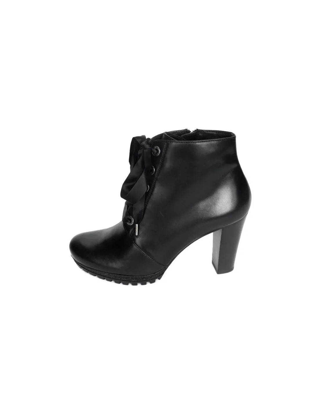 Damskie HOGL botki z naturalnej czarnej skory sznurowane jedwabna sznurowka i z zamkiem, na wysokich stabilnych obcasach