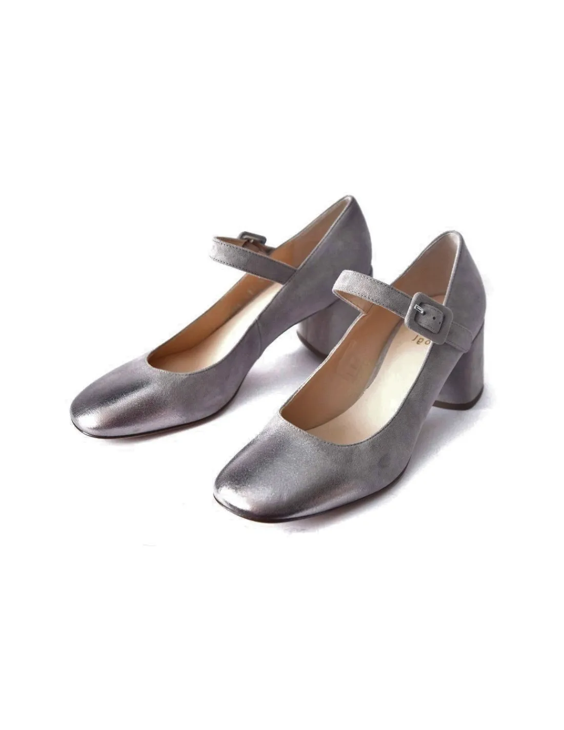 Damskie HOGL czolenka Mary Jane naturalna skora nubuk i metaliczny nosek