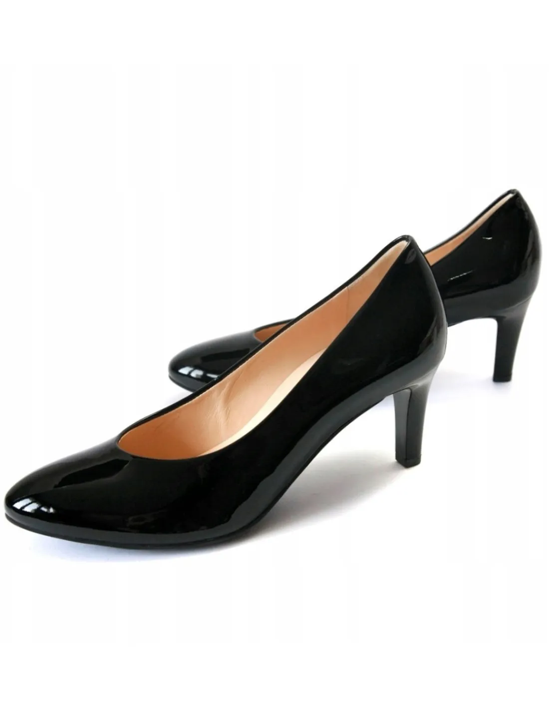 Damskie HOGL czolenka z lakierowanej czarnej skory okragly nosek , klasyka