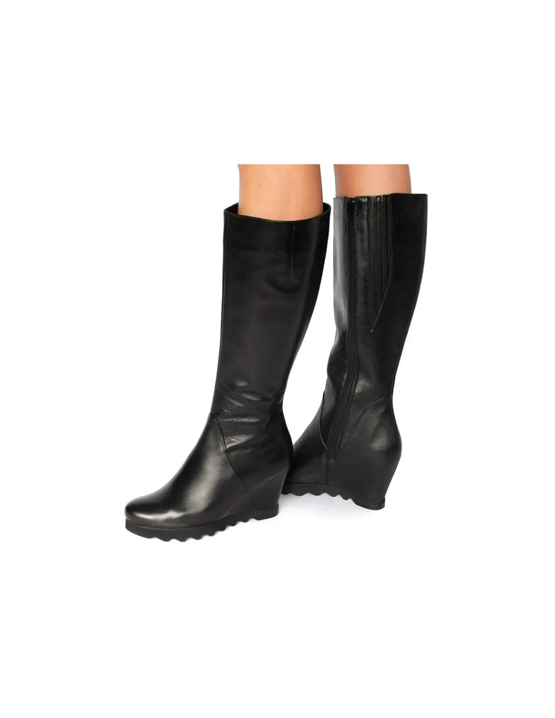 Damskie HOGL kozaki z naturalnej czarnej skory komfortowy koturn i gumowe zelowki z protektorem