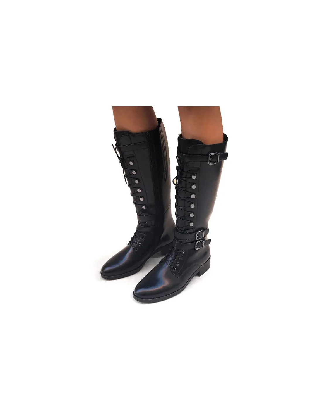 Damskie HOGL kozaki ze skory bydlecej premium z ozdobnym sznurowaniem i zamkiem, plaskie obcasy