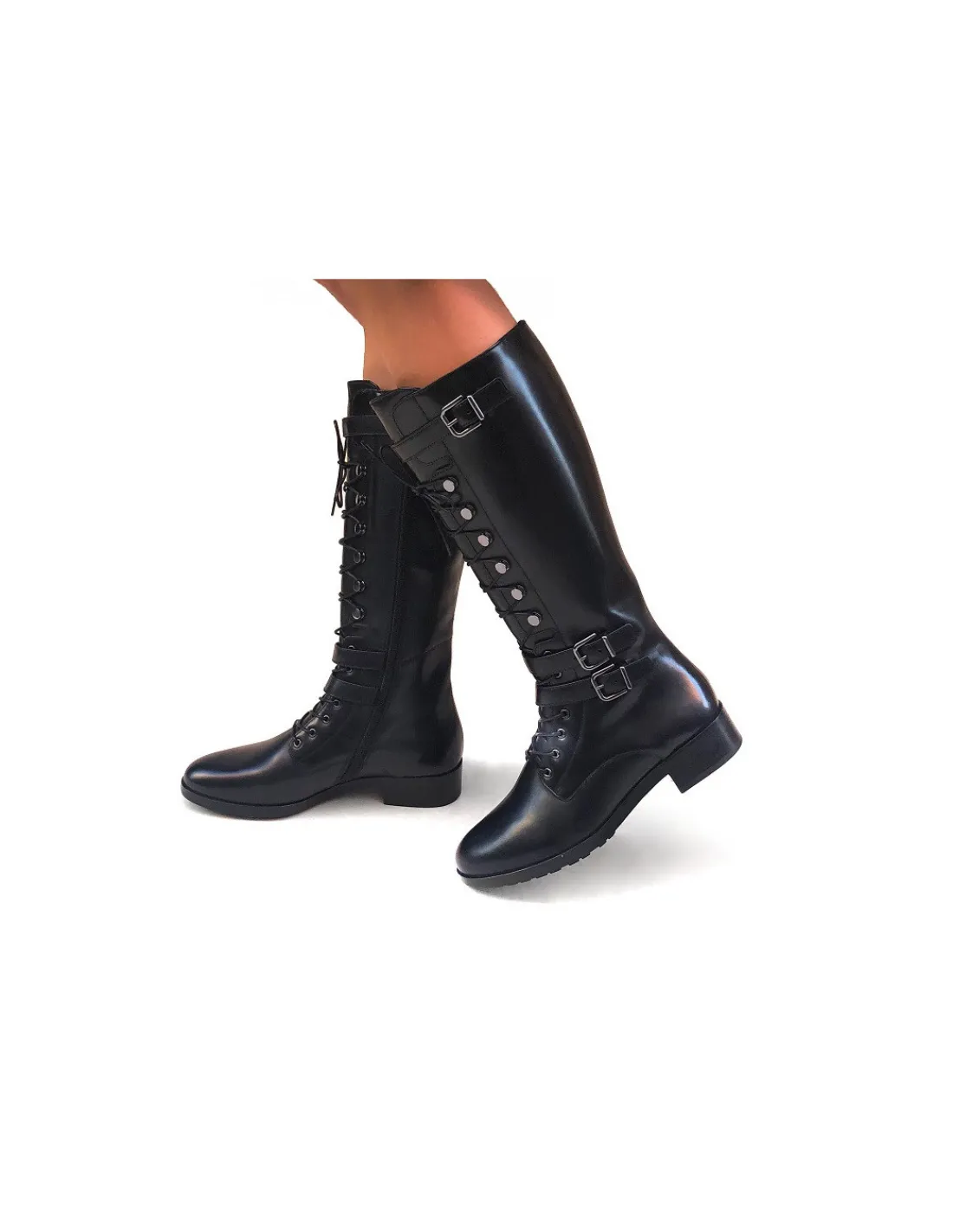 Damskie HOGL kozaki ze skory bydlecej premium z ozdobnym sznurowaniem i zamkiem, plaskie obcasy