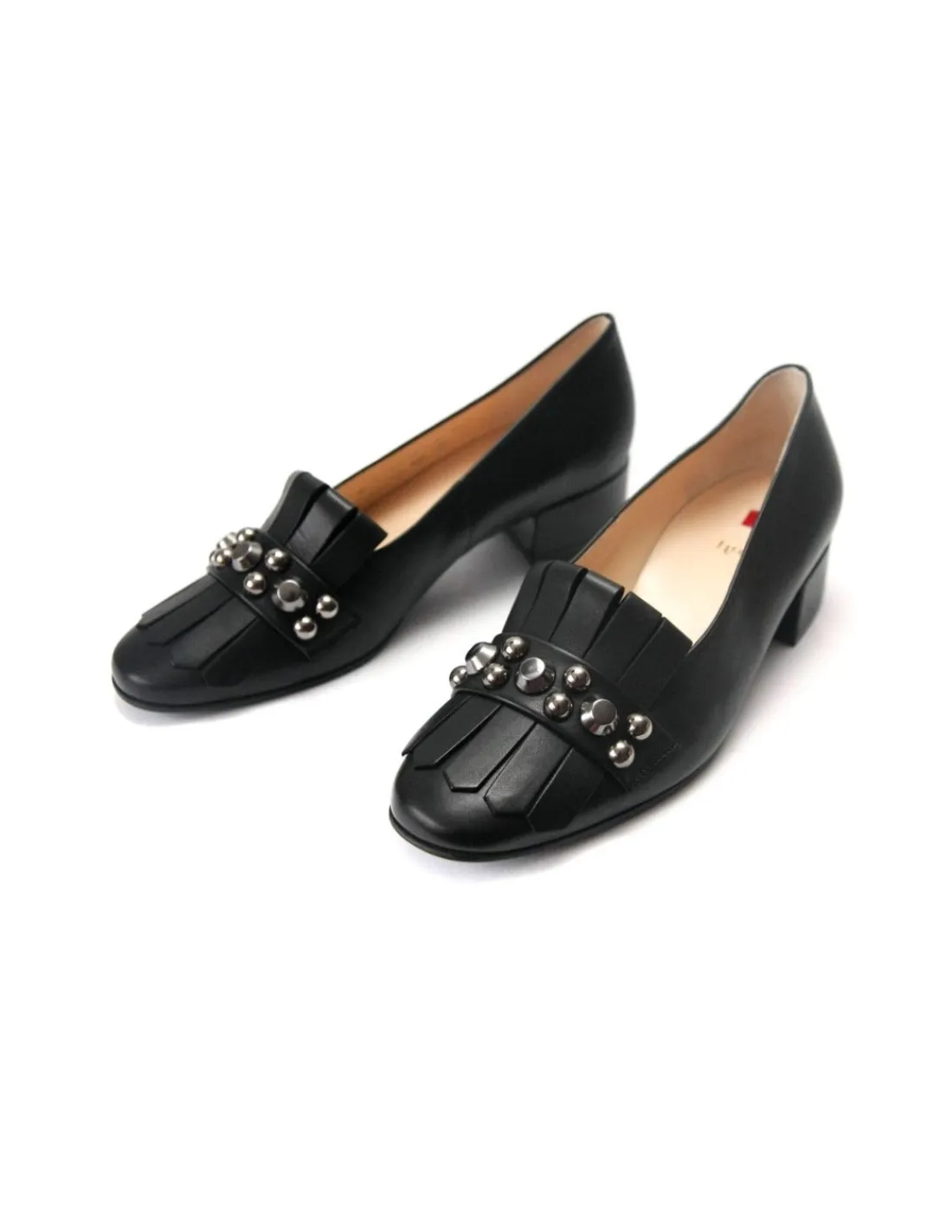 Damskie HOGL mokasyny, loafers czarne skorzane i srebrne oxydowane nity, wygodne niskie obcasy