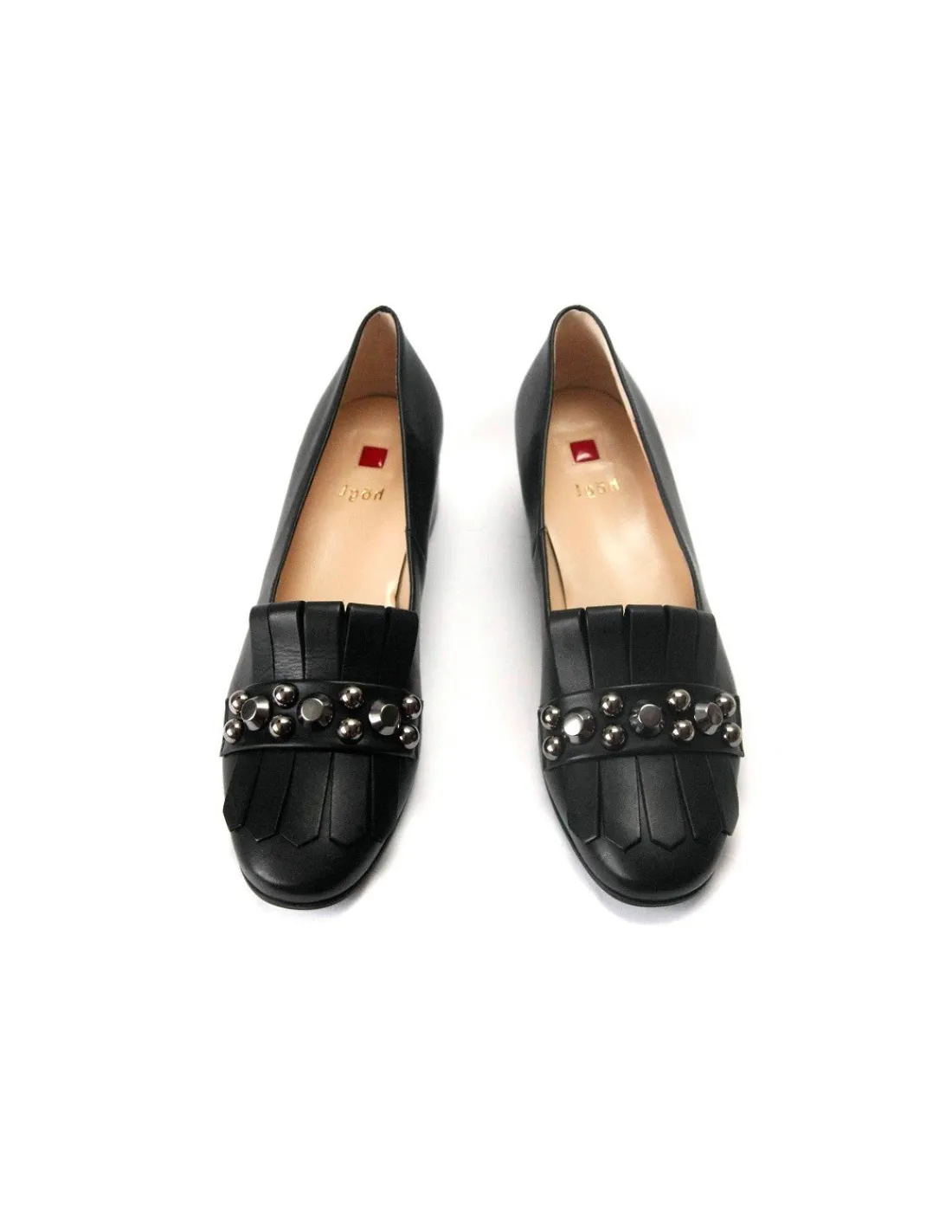 Damskie HOGL mokasyny, loafers czarne skorzane i srebrne oxydowane nity, wygodne niskie obcasy