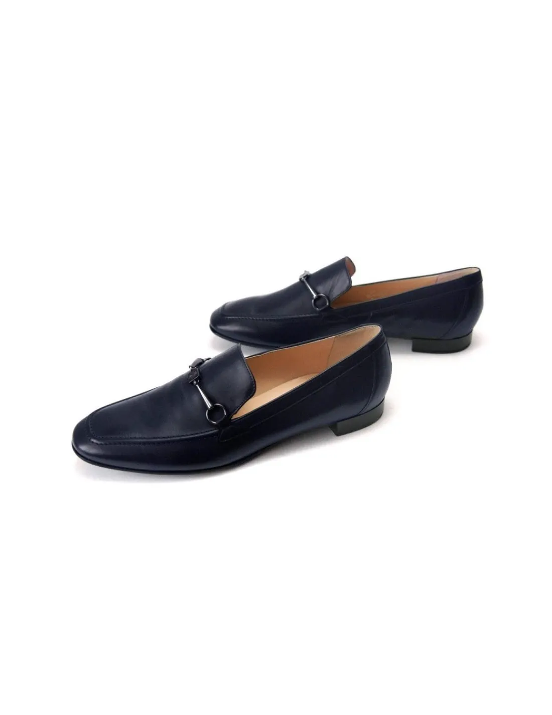 Damskie HOGL mokasyny, loaufer granatowe skorzane z oksydowanym wedzidlem i logo marki