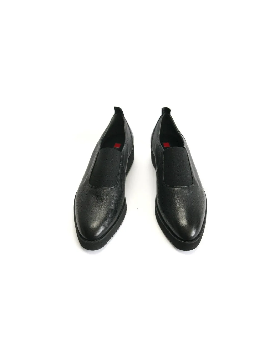 Damskie HOGL polbuty wsuwane na niewielkiej lekkiej platformie z czarnej miekkiej skory, klasyka i minimalizm