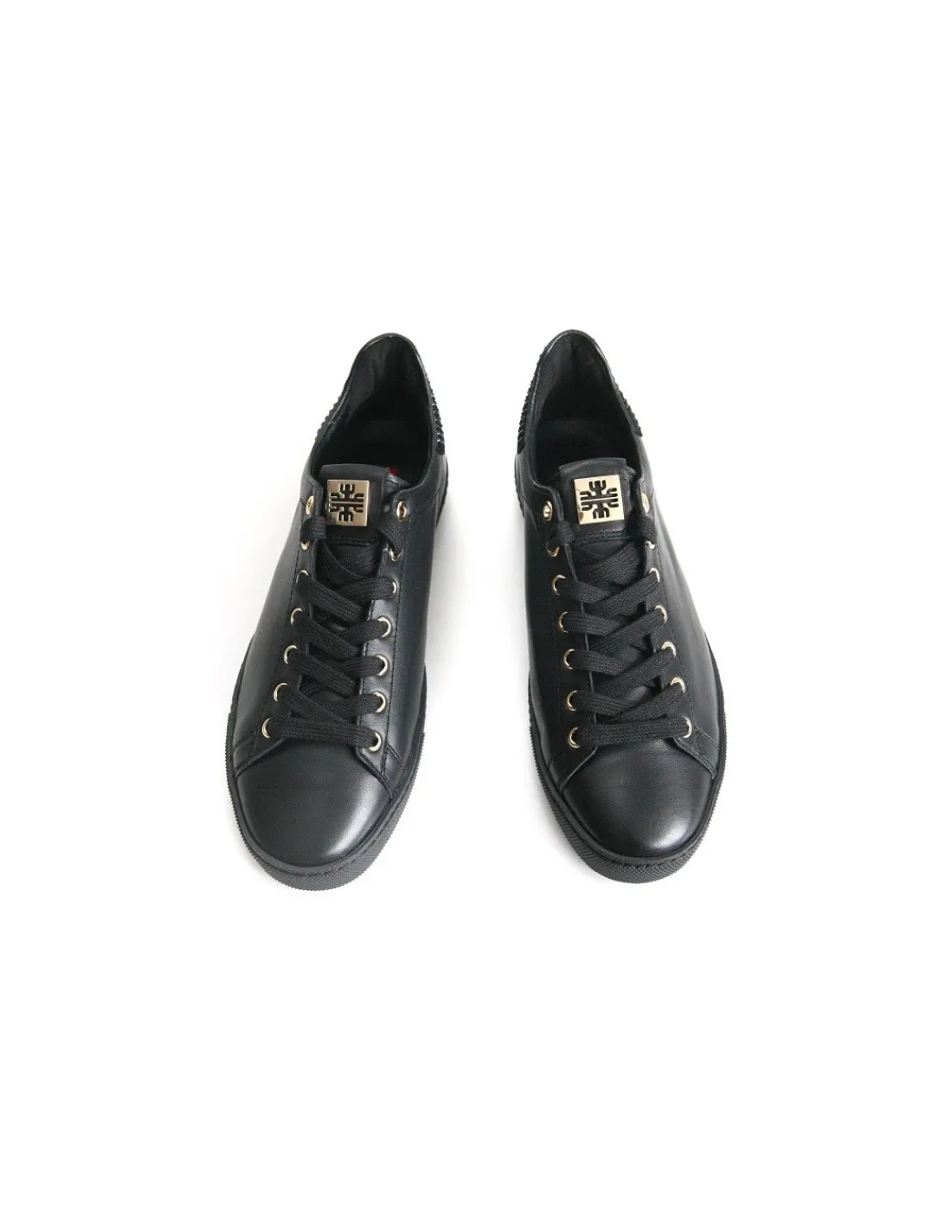 Damskie HOGL sneakers sznurowane, czarna skora, krysztalki Swarovski i zlote logo marki