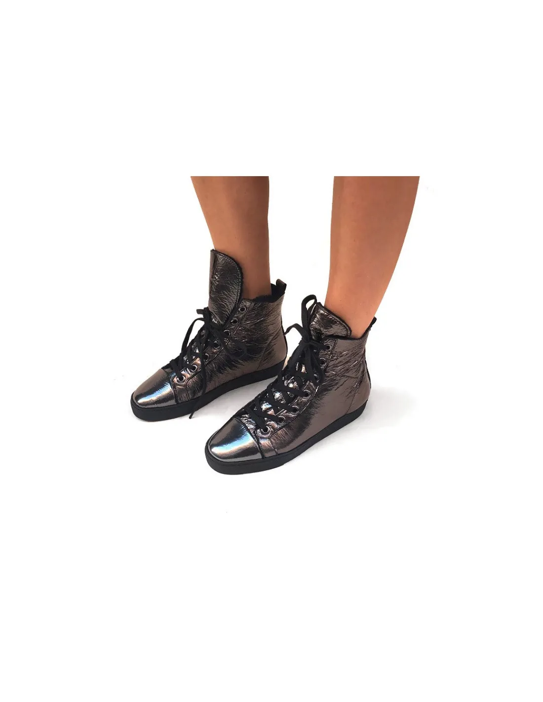 Damskie HOGL trampki zimowe, skora owcza z runem i metaliczny olowiany kolor