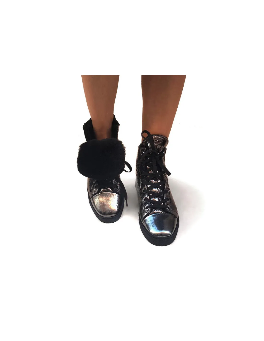 Damskie HOGL trampki zimowe, skora owcza z runem i metaliczny olowiany kolor