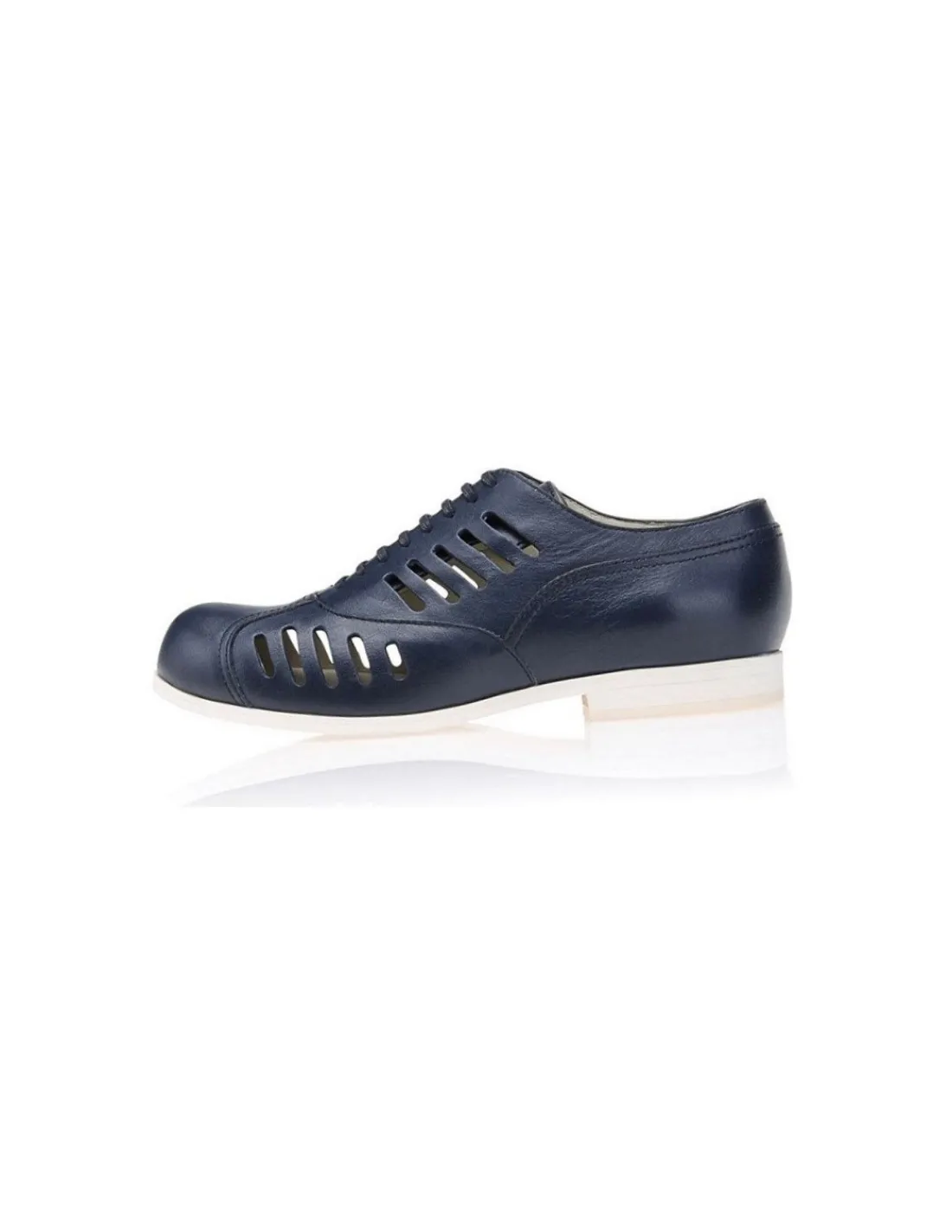 Damskie Jil Sander polbuty typu oxford, skorzane granatowe z azurem, na bialych podeszwach, miejskie sandaly