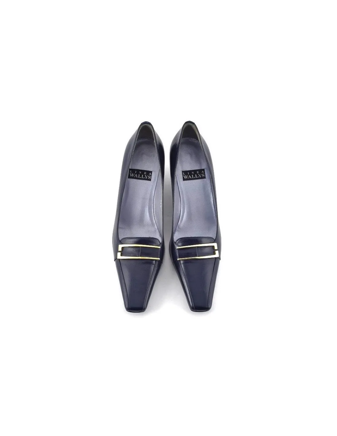 linea_wallys__czolenka_gr_2.webp Damskie Linea Wally's czolenka granatowe ze zlota klamra na niskich obcasach kaczuszkach