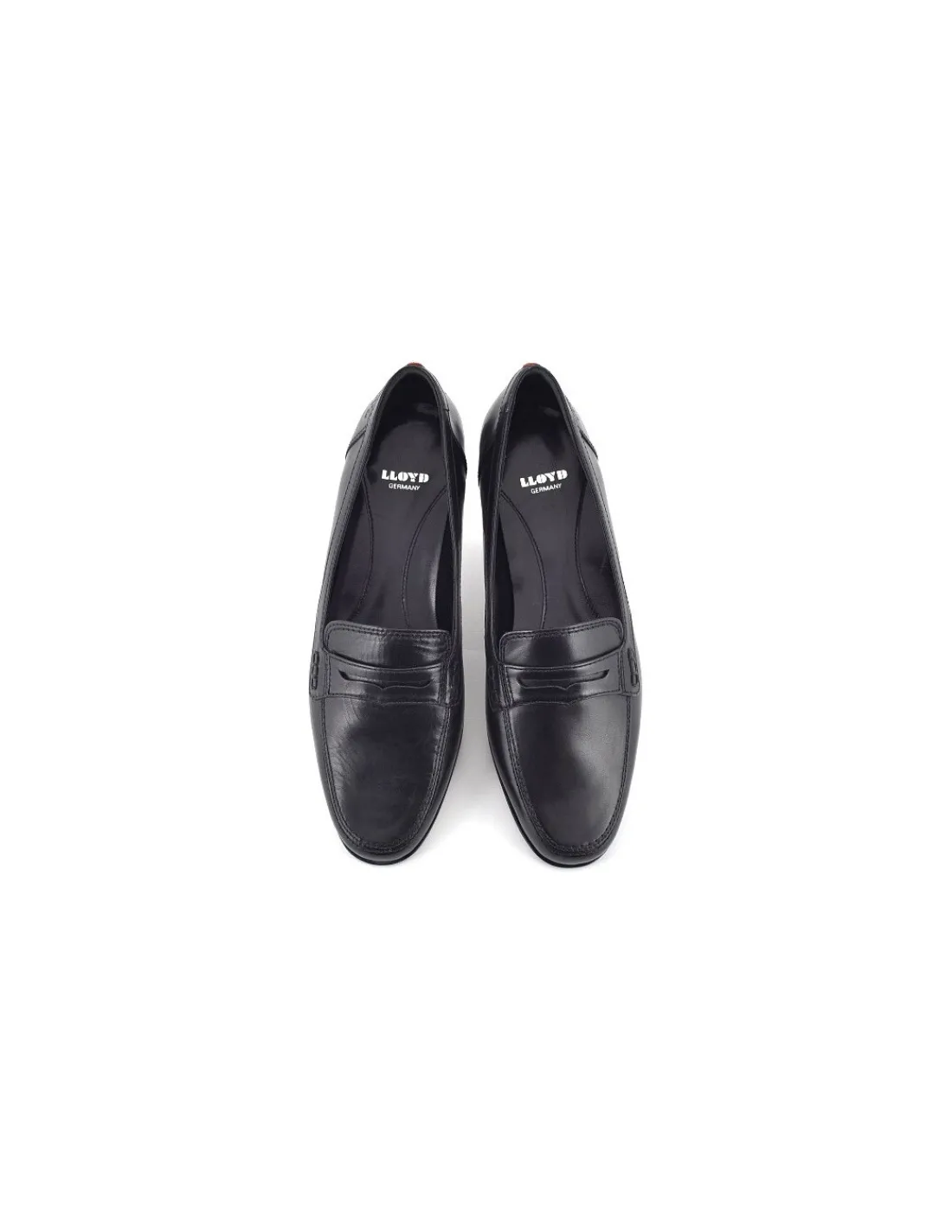 Damskie Lloyd mokasyny, czarne skorzane typu penny loaufers na skorzanych zelowkach
