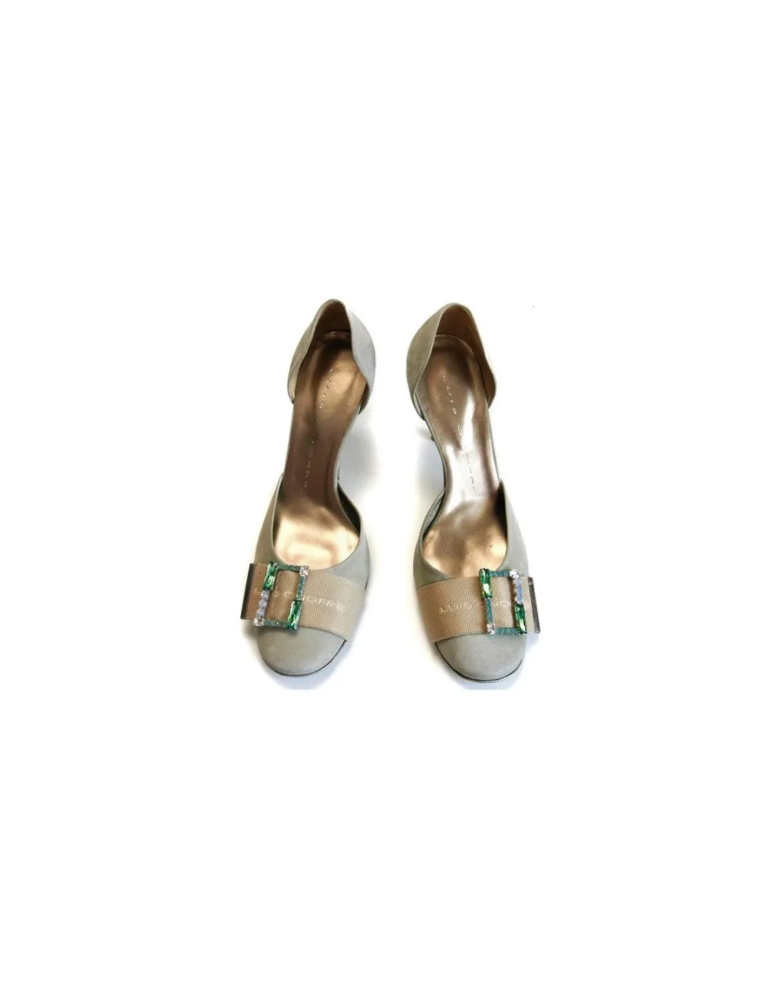 Damskie Luis Onofre czolenka z zamszu pastelowa zielen logowana tasma i klamra Swarovski