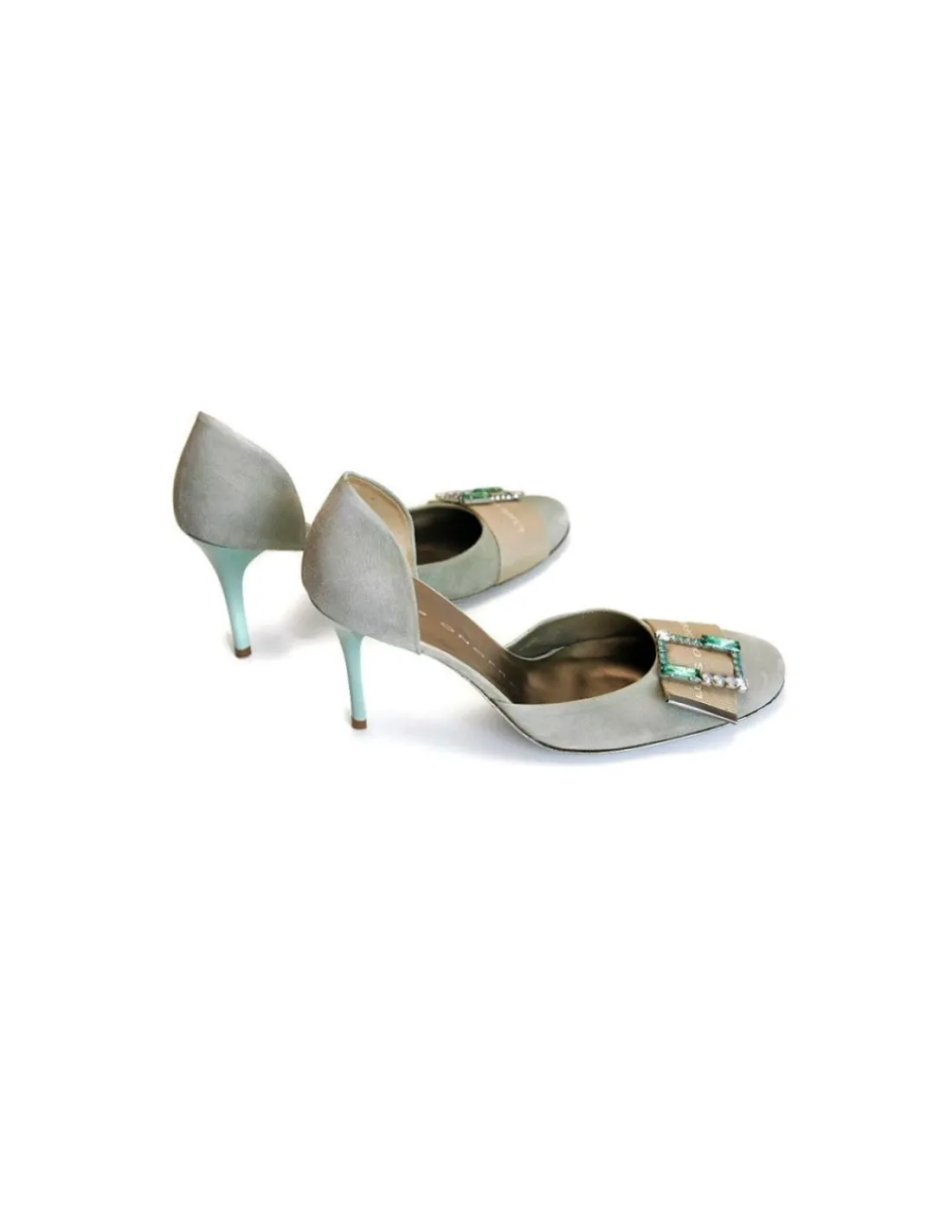 luis_onofre__czolenka_z_z_2.webp Damskie Luis Onofre czolenka z zamszu pastelowa zielen logowana tasma i klamra Swarovski