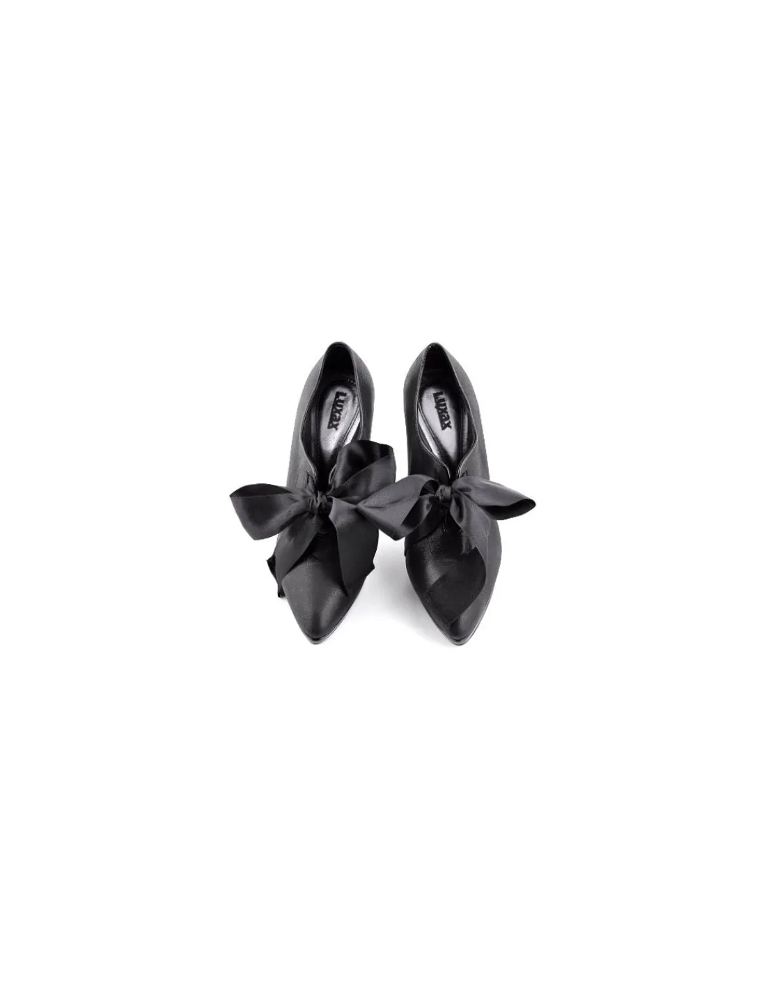 Damskie Luxax czolenka, czarna skora nubuk i lakier z jedwabna kokarda