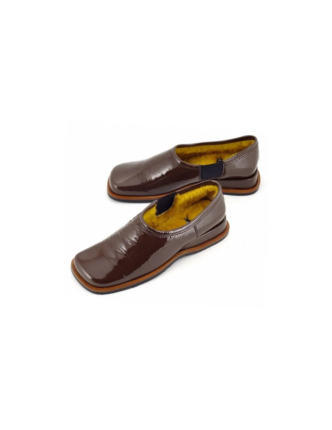 Damskie Mario Bologna B&B MARIO BOLOGNA polbuty wsuwane ocieplone naturalnym kozuchem i brazowa lakierowana skora