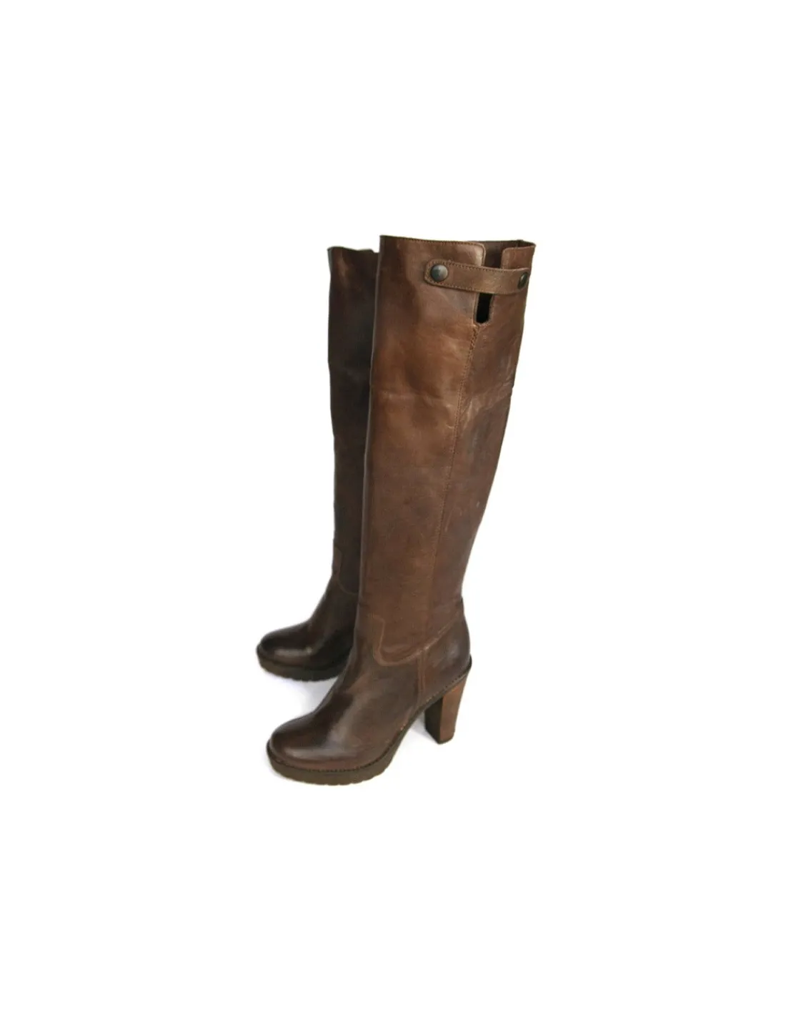 Damskie Marisa Rey kozaki z naturalnej skory brazowej vintage na platformach i wysokich stabilnych obcasach