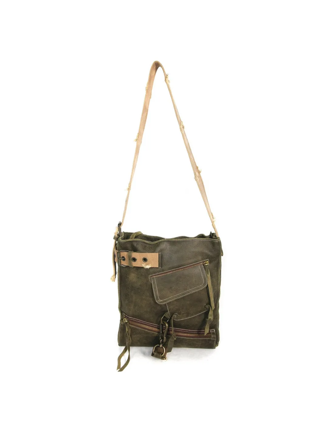 Marisa Rey listonoszka unisex, torba na ramie zielona skora vintage i jasne bawelniane tasmy