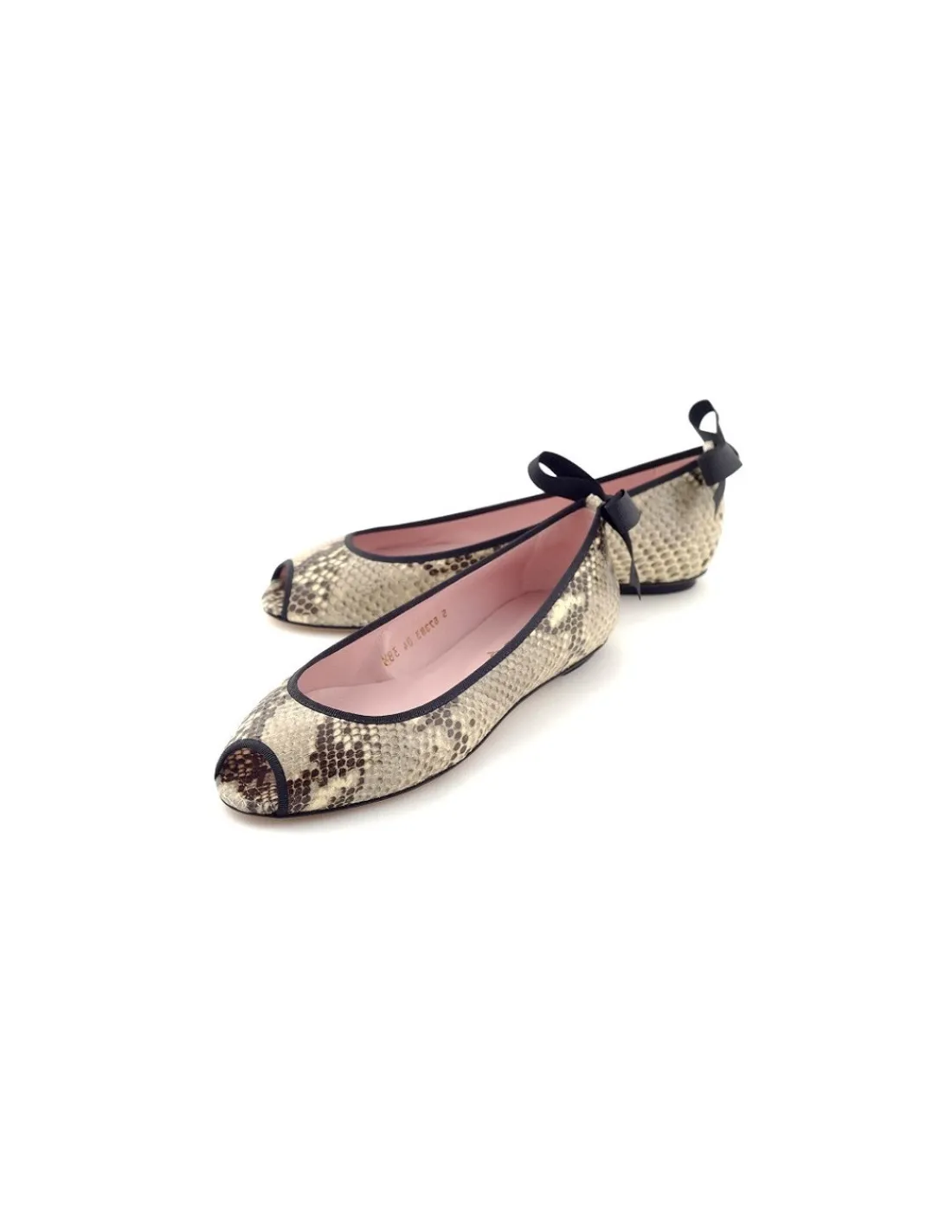 Damskie Mascaro baleriny open toe ze skory z printem pytona i urocze czarne kokardki klasyka i elegancja