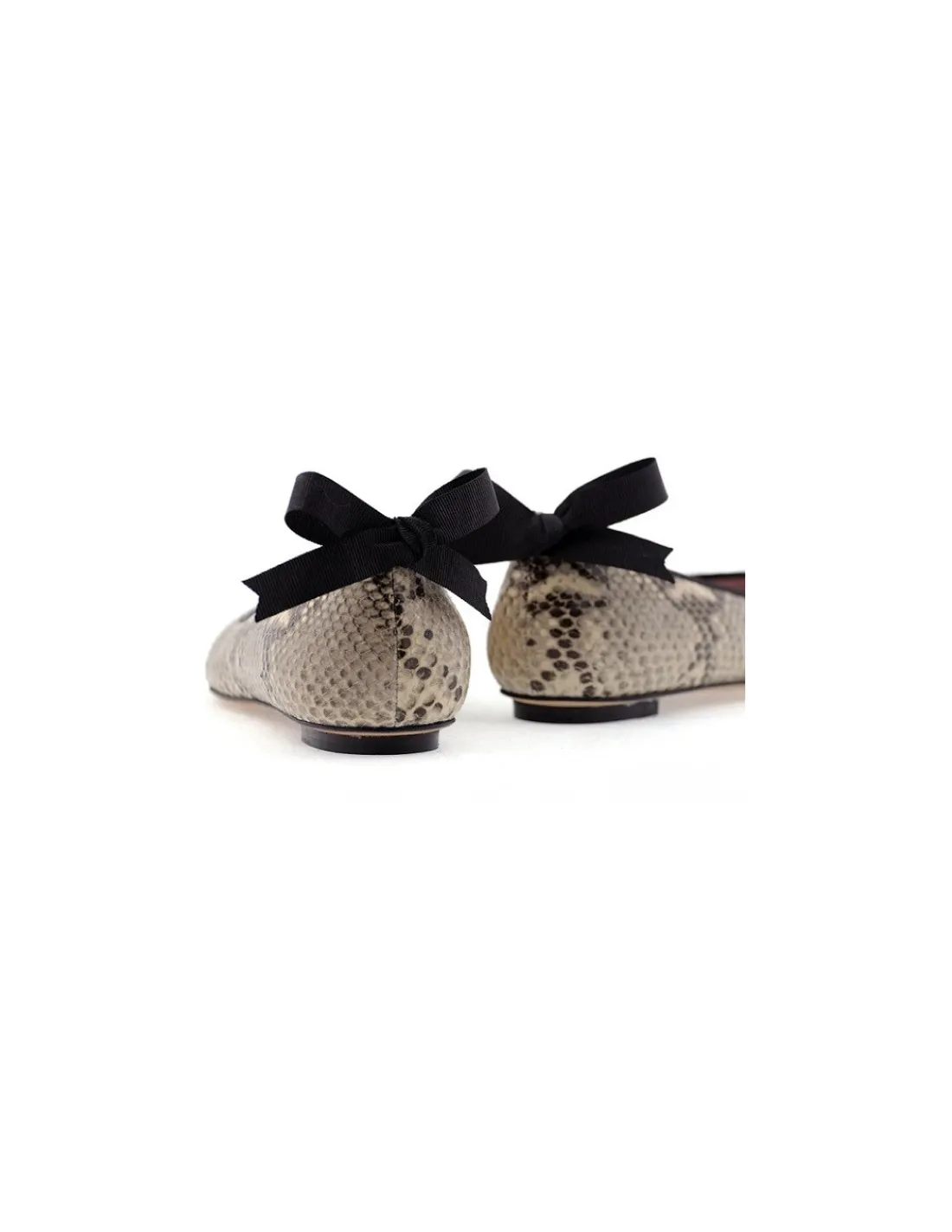 Damskie Mascaro baleriny open toe ze skory z printem pytona i urocze czarne kokardki klasyka i elegancja