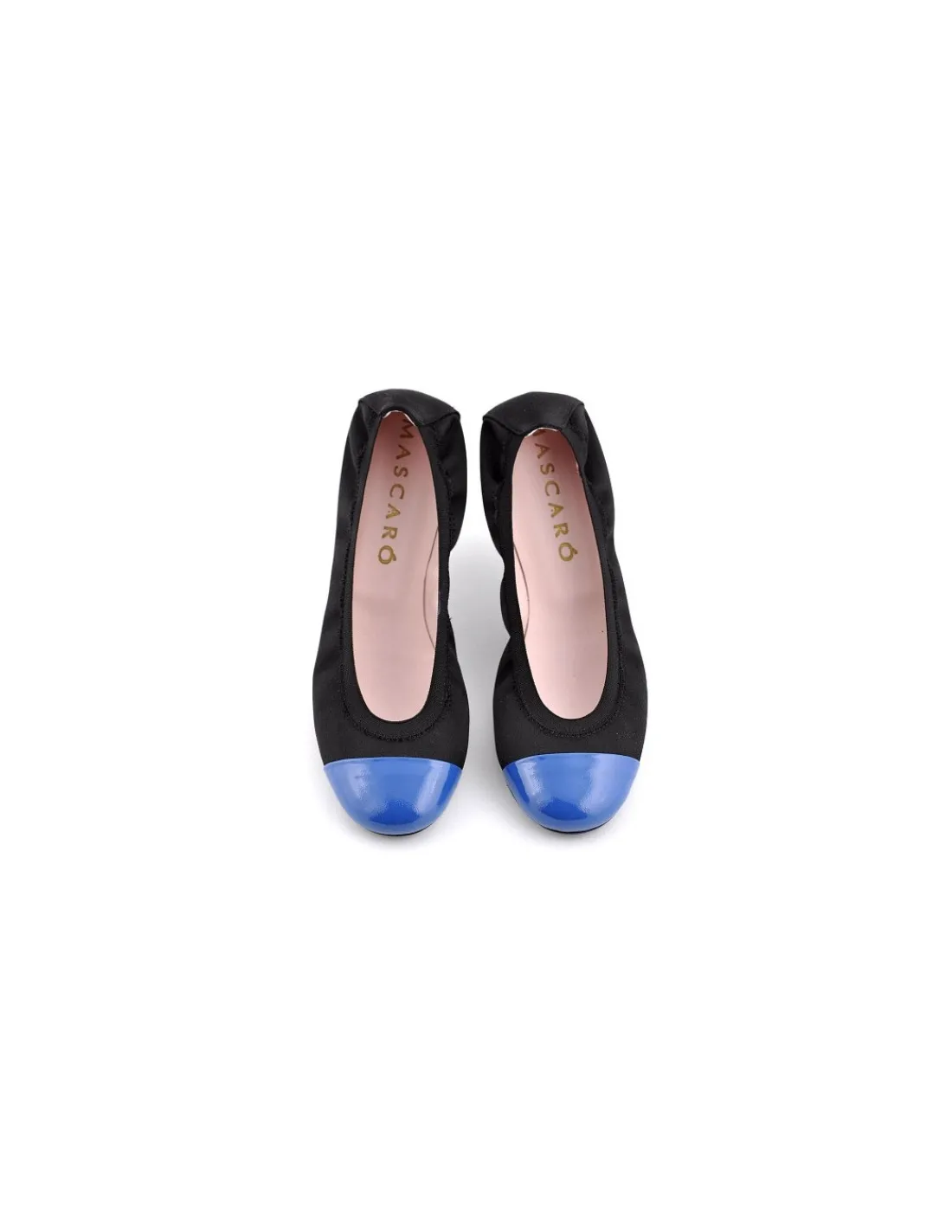 Damskie Mascaro baleriny z czarnej satyny, niebieskim lakierowanym noskiem, skora wewnatrz i gumowe zelowki