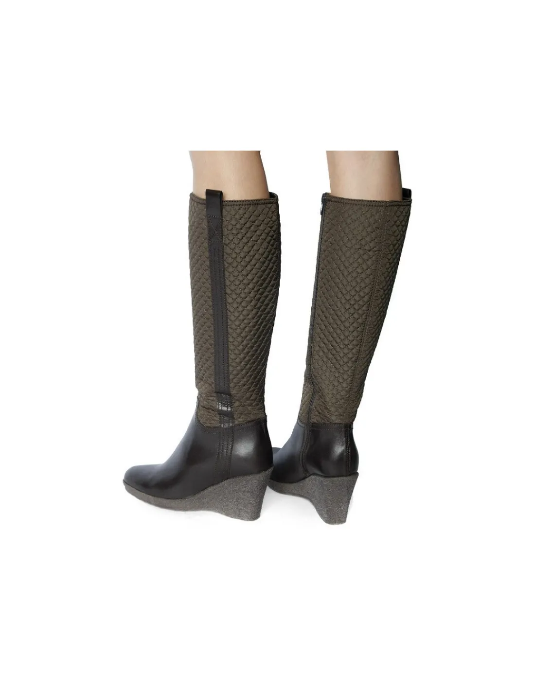 Damskie Mascaro kozaki z brazowej skory i pikowanej tkaniny z zamkiem na koturnie