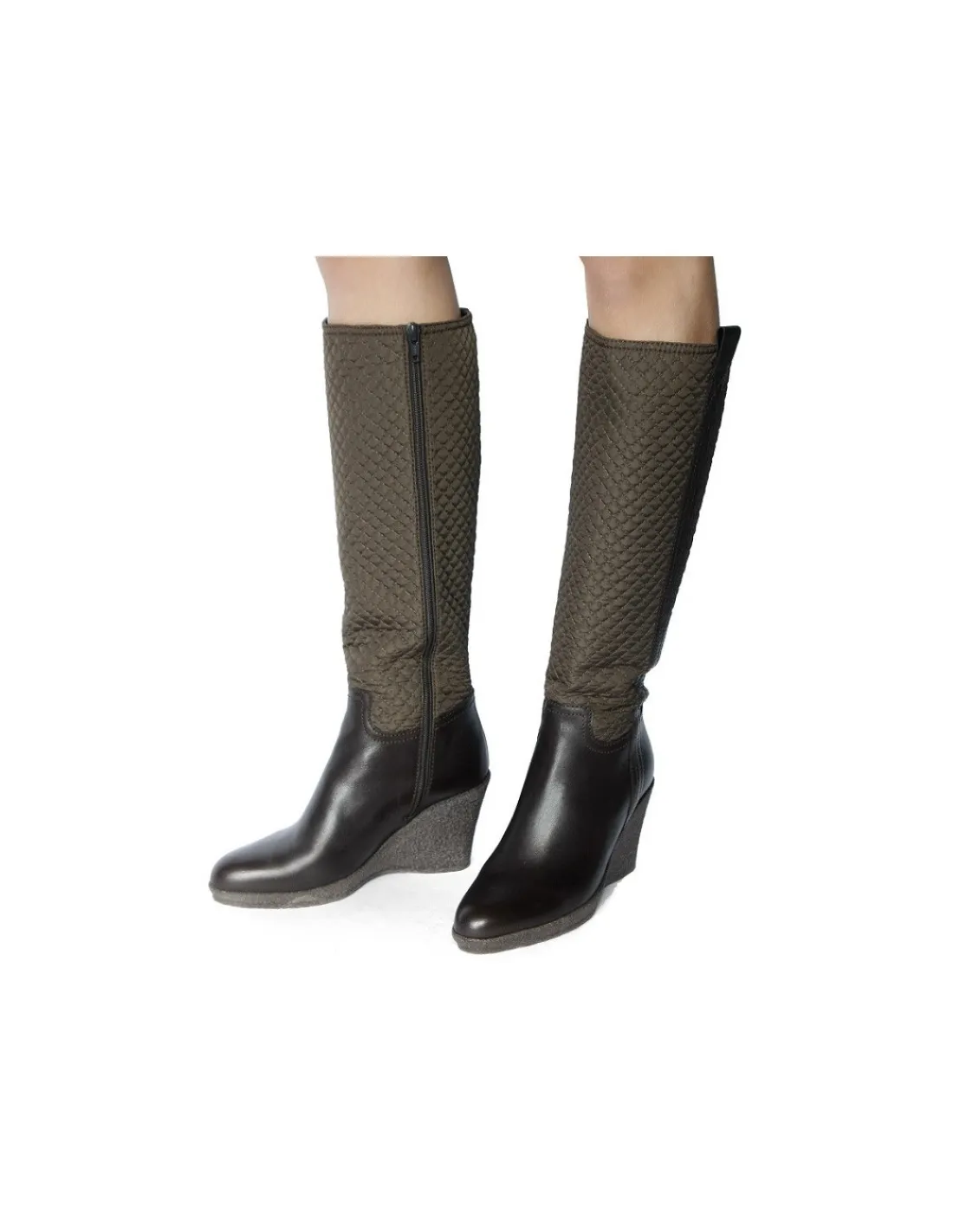 Damskie Mascaro kozaki z brazowej skory i pikowanej tkaniny z zamkiem na koturnie