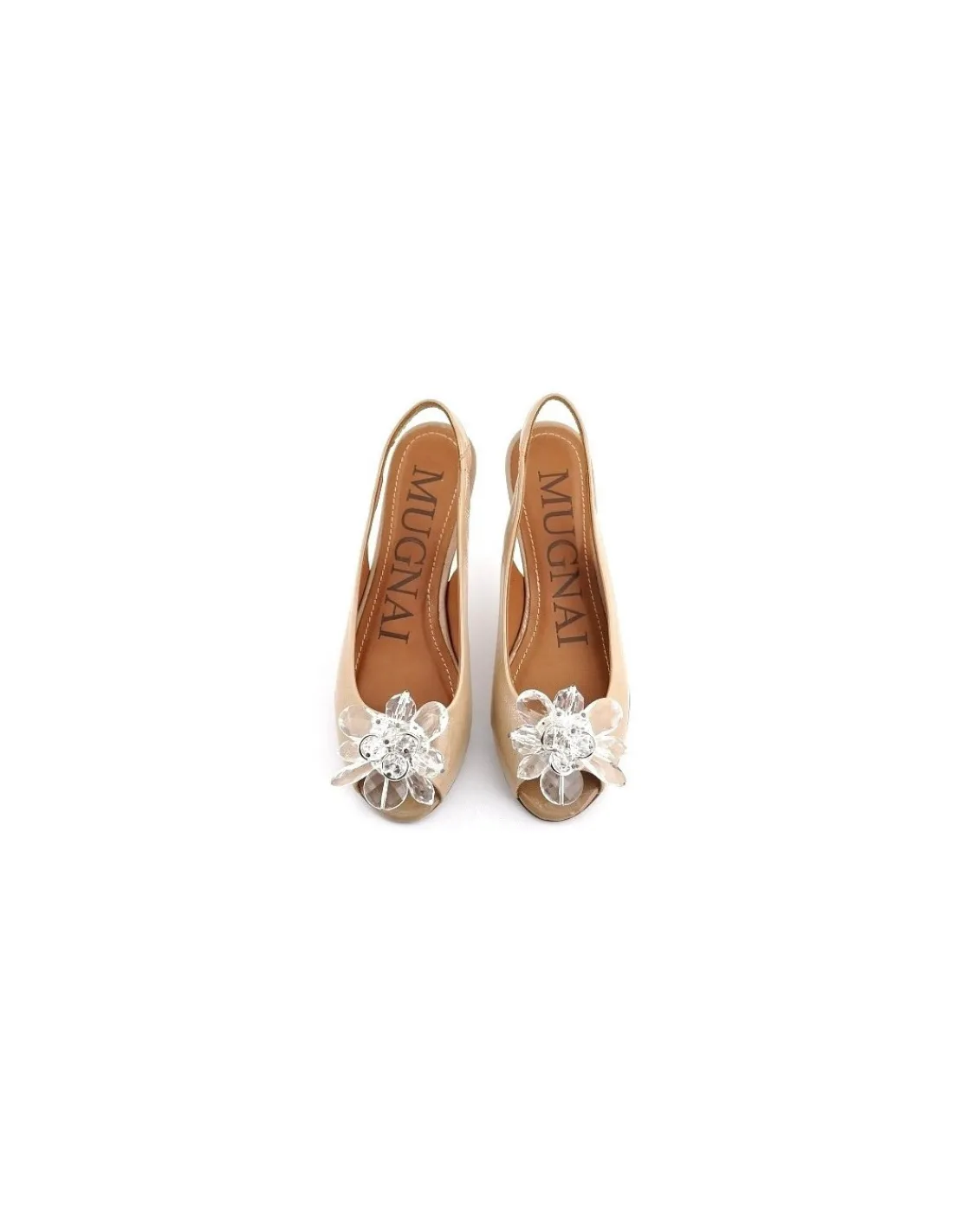 Damskie Mugnai sandaly z naturalnych skor lakierowanych, nude i ozdoba od Swarovski