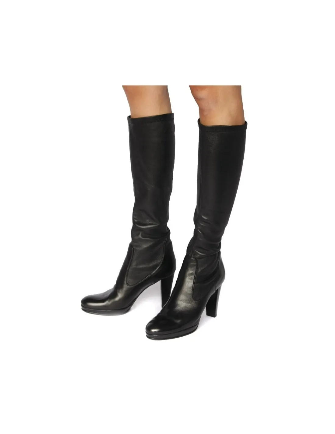 Damskie Nebuloni kozaki wsuwane z elastycznej skory, czarnej naturalnej , niskie platformy i stabilne obcasy