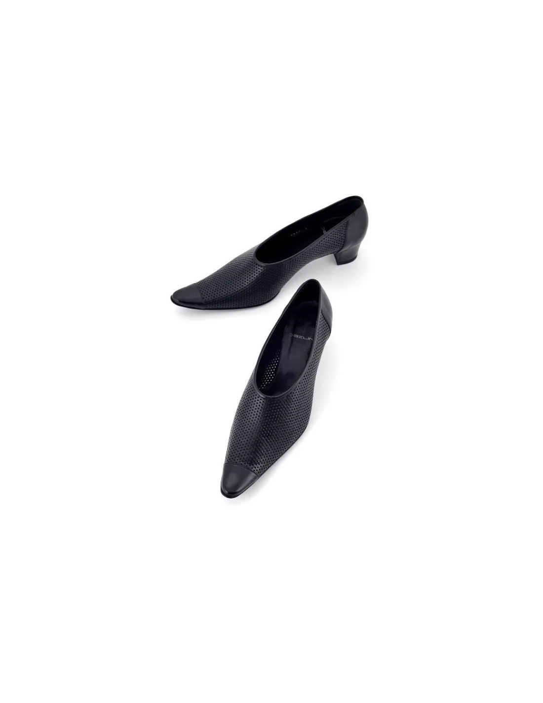 Damskie Obeline wsuwane polbuty z czarnej skory z azurem na stabilnych obcasach