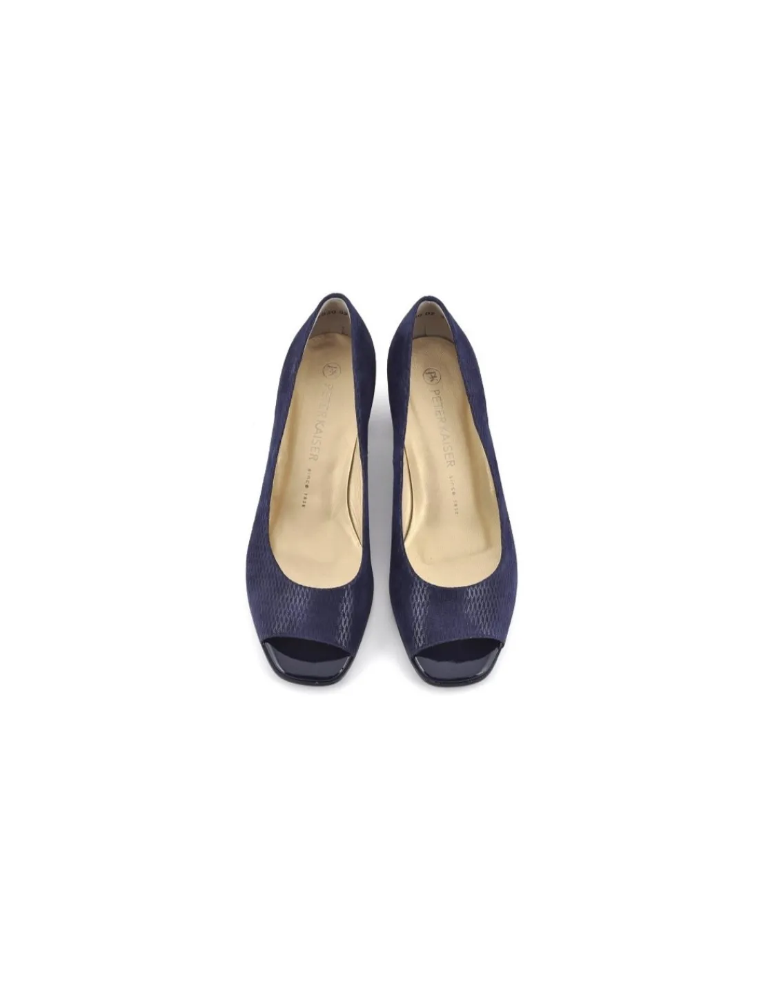 Damskie Peter Kaiser czolenka open toe, granatowy nubuk z deseniem, wygodne obcasy