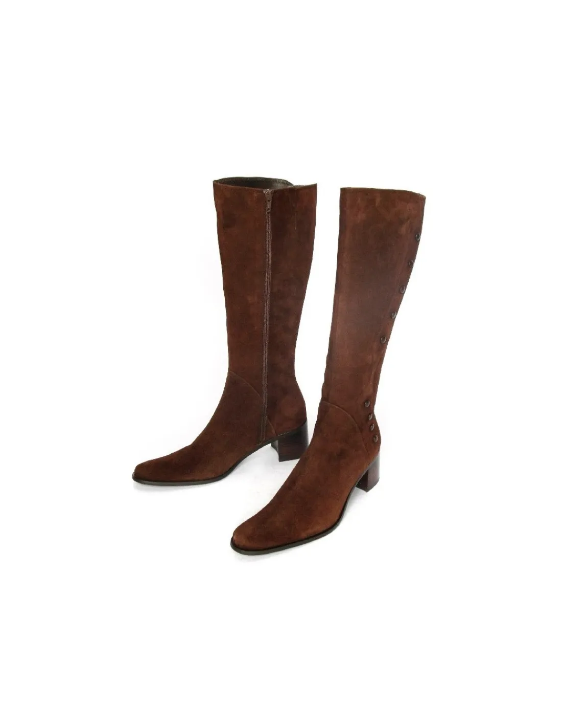 Damskie Rebeca Sanver kozaki, skora zamszowa czekoladowy braz, zamek i stabilne obcasy