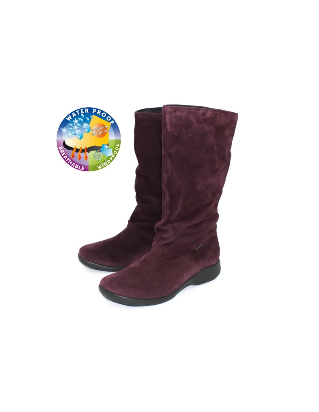 Damskie Romika kozaki wsuwane z zamszowej skory w kolorze czerwonego wina z membrana Top-Dry-Tex