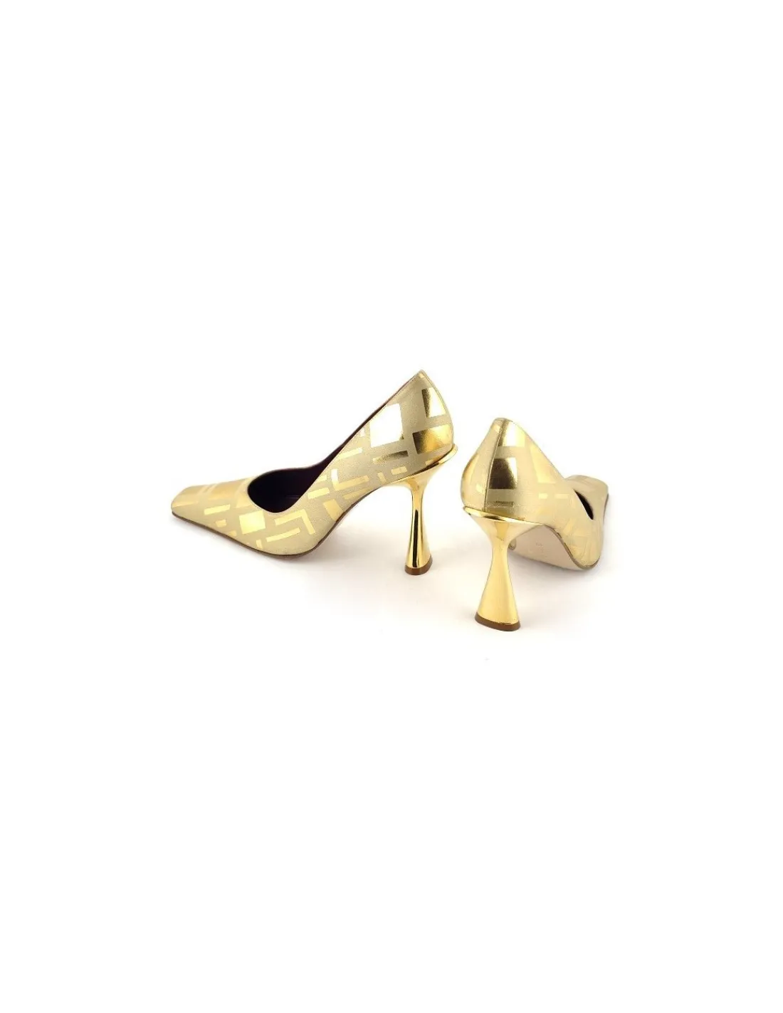 Damskie Sandro Vicari czolenka ze zlotej satyny ze skorzanym wnetrzem i wysokie zlote obcasy