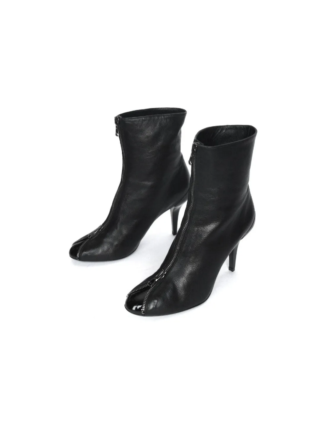 Damskie Sinela botki, skora nappa czarna, zamek z przodu, okragle lakierowane noski, unikatowe obcasy szpilki