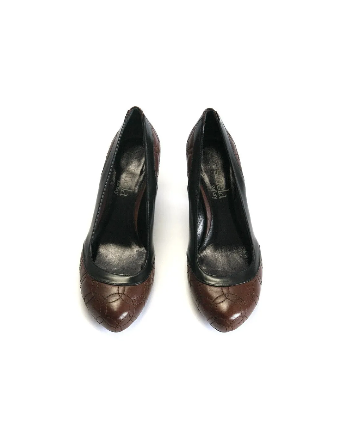 Damskie Sinela czolenka skorzane pikowane brazowo- czarne na gumowych zelowkach i niskich stabilnych obcasach