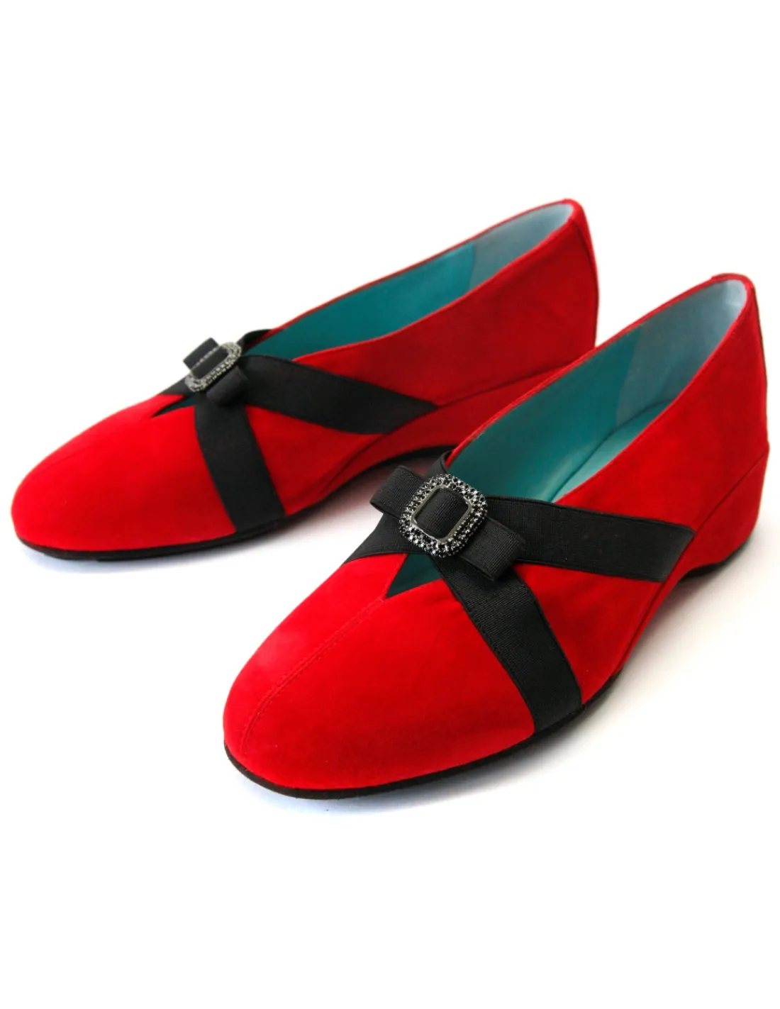 Damskie Thierry Rabotin czolenka z czarnymi gumami i ozdoba Swarovski na koturnie, czerwona skora nubuk