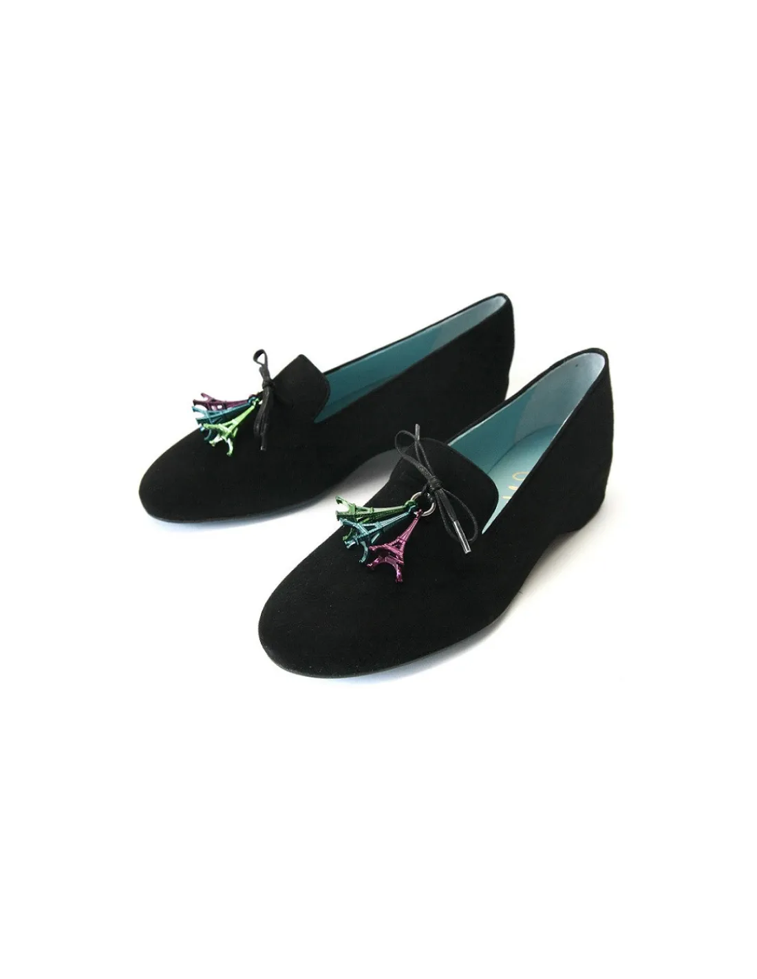 Damskie Thierry Rabotin loafers czarna skora nubuk wsuwane zgrabne z ukrytym koturnem i Paryzem w tle