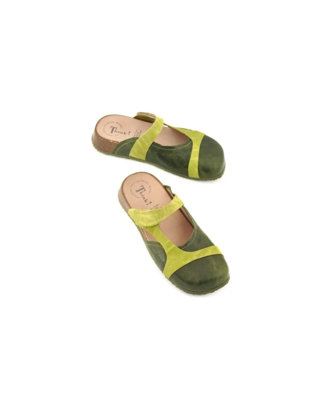 Damskie Think! sandaly, klapki skorzane zielone, profilowane wnetrze z korka i skory, regulowane zapieciem na rzep