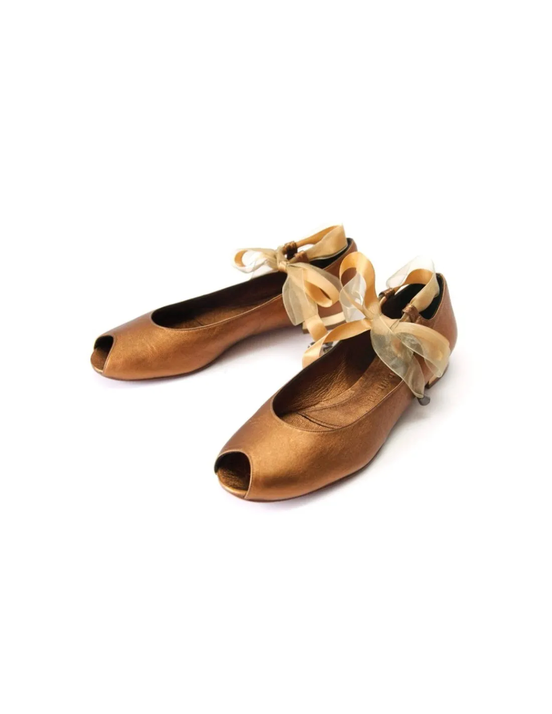 Damskie Uad Medani baleriny open toe, skora w kolorze starego zlota, kokardki i niski zloty obcas
