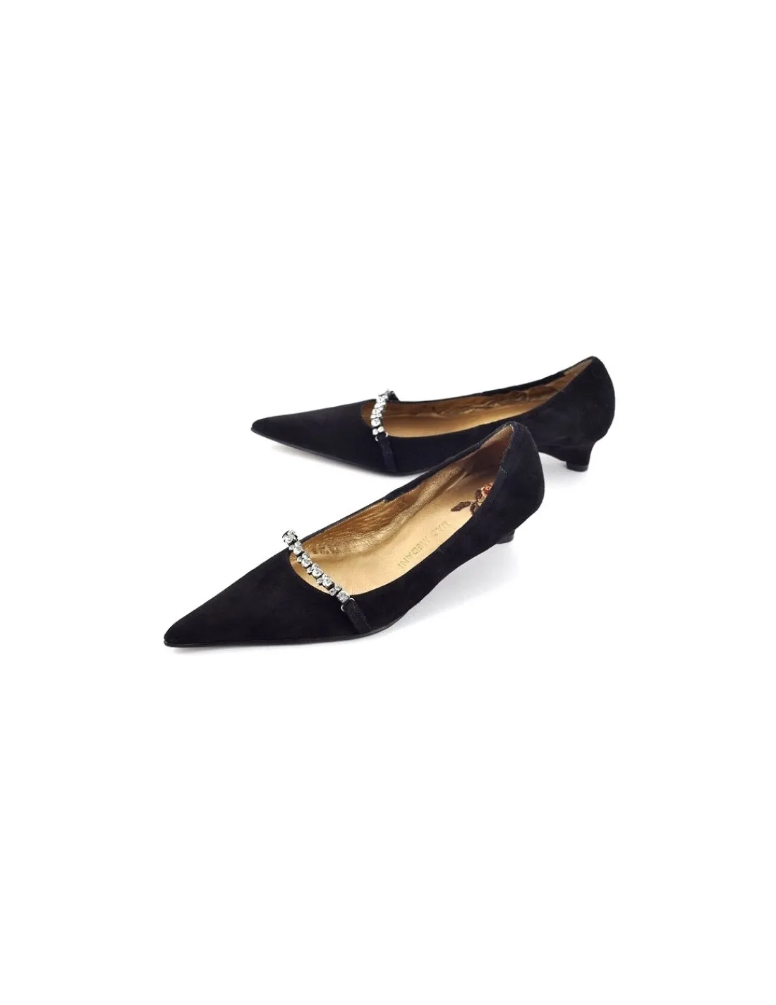 Damskie Uad Medani baleriny z noskiem w szpic, niski koturn, paseczek z krysztalami Swarovski