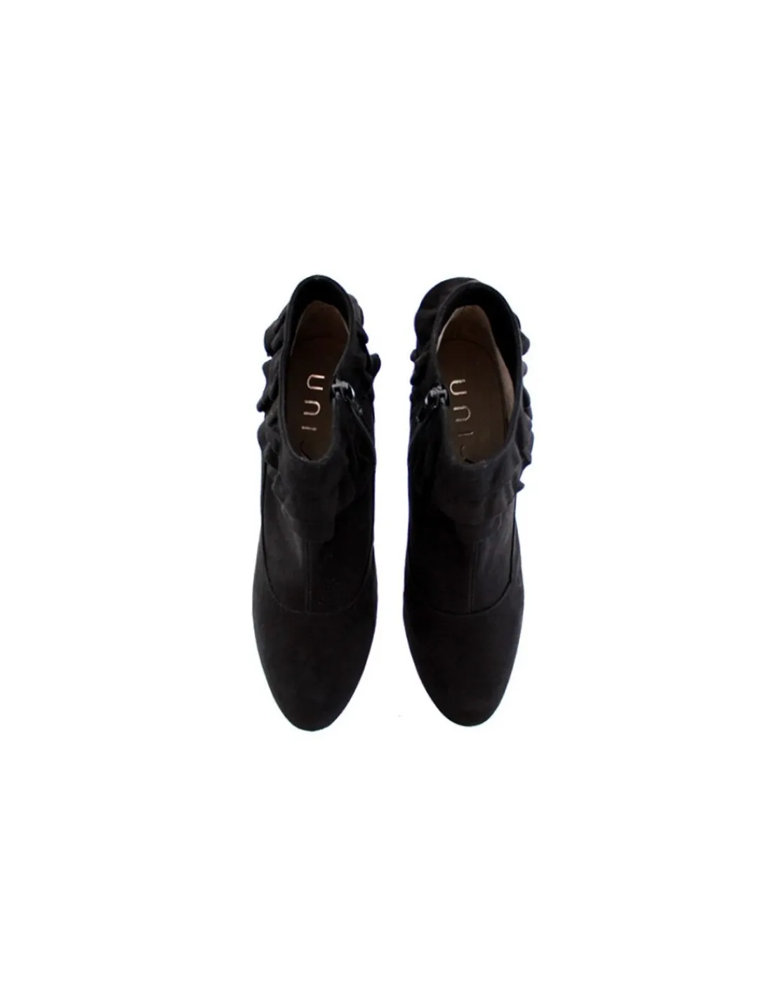 unisa__botki_z_falbankami_5.webp Damskie Unisa botki z falbankami z naturalnego czarnego zamszu na obcasach z ukryta platforma